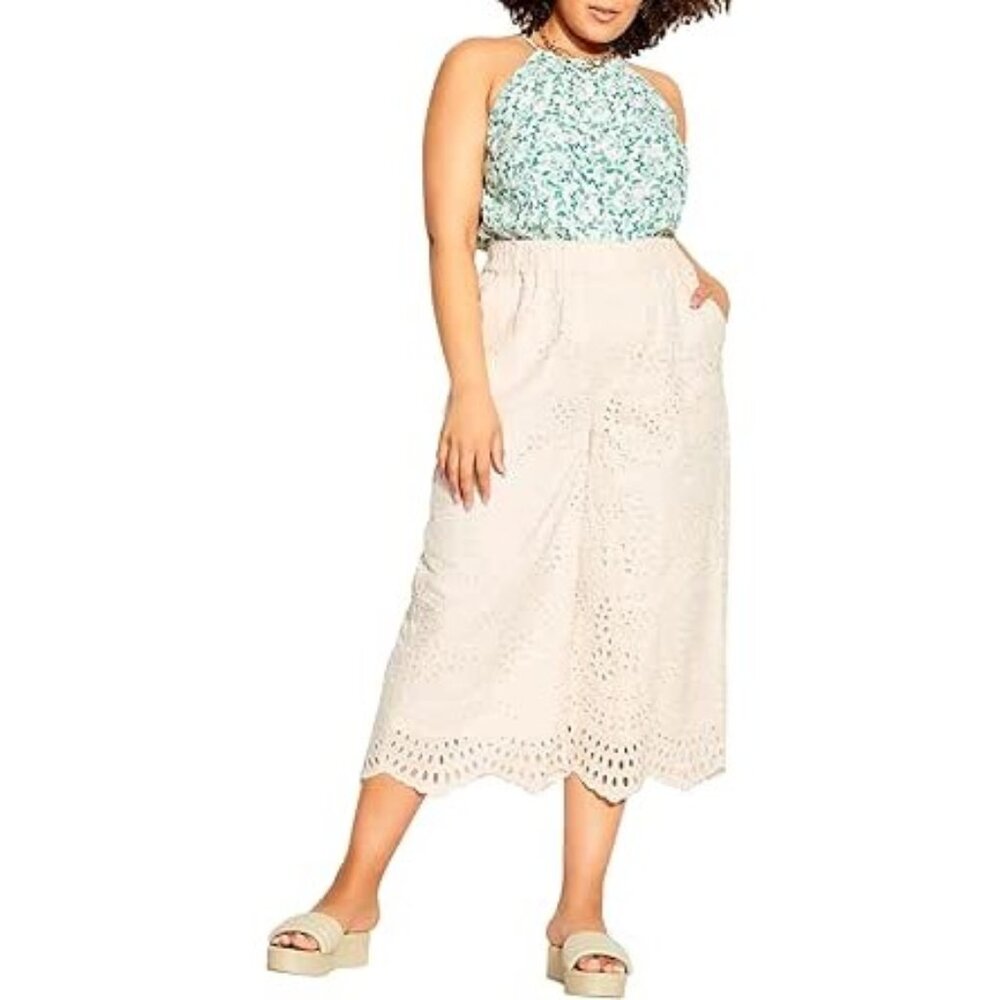 City Chic Olivia Eyelet Lace Pant in Cream